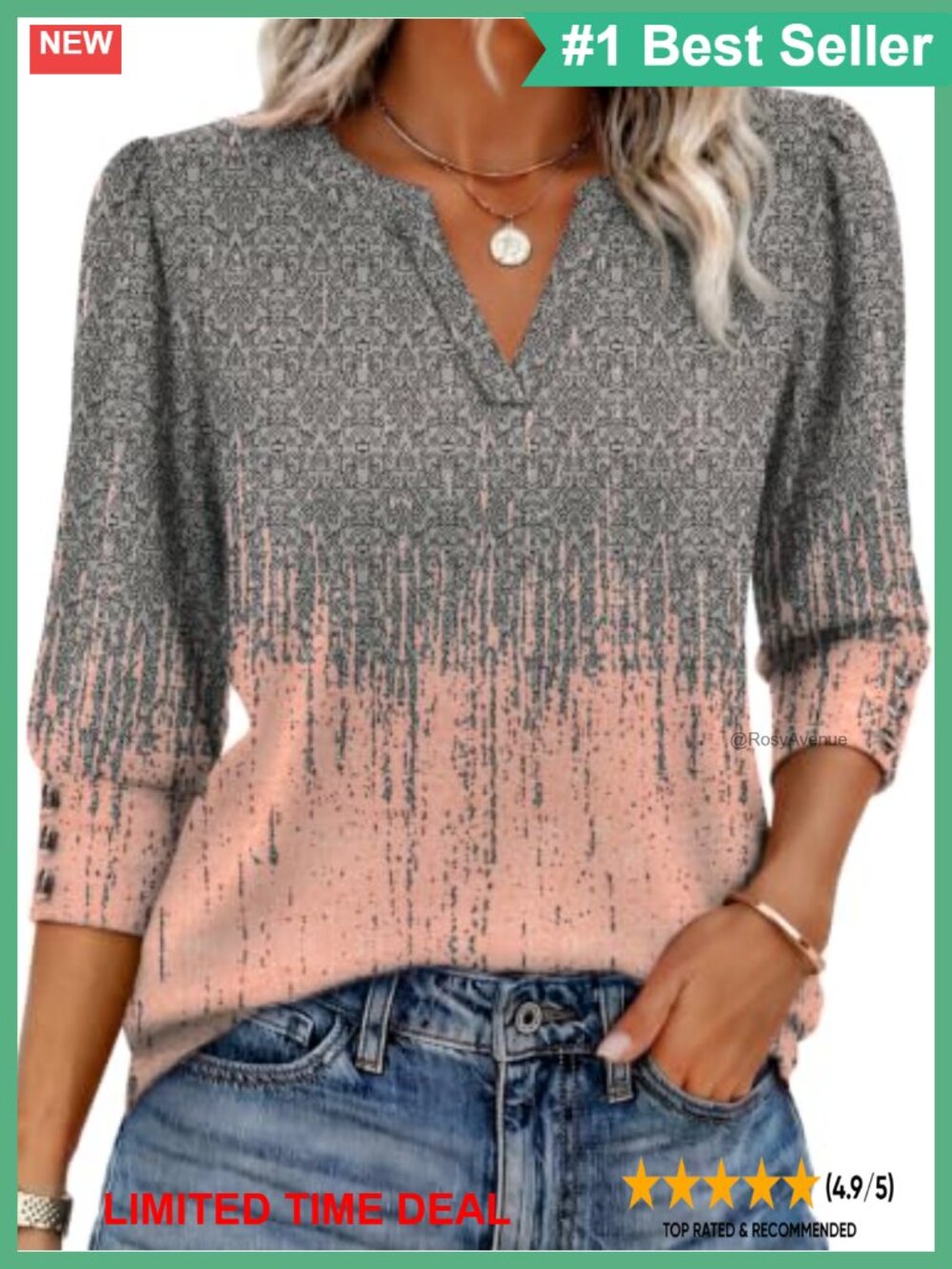 Ekouaer 3/4 Sleeve V Neck Blouse Puff Shoulder Button Cuff Business Casual Top